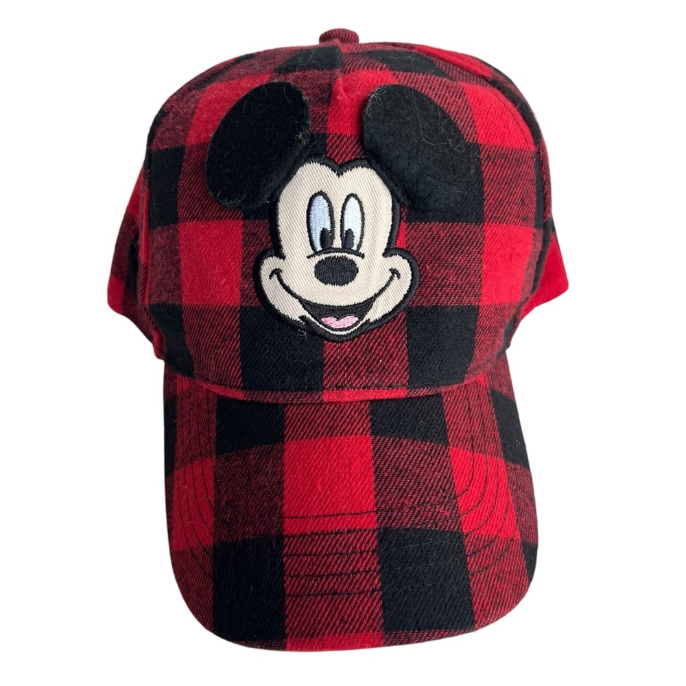 Disney Mickey Mouse Kid One Size Red Black Buffalo Plaid Adjustable Baseball Hat